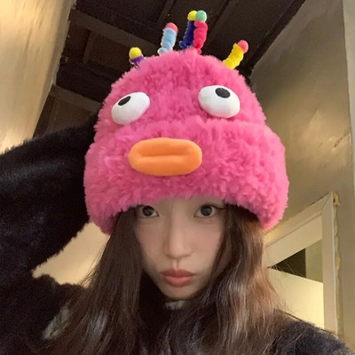 Plīša, smieklīgas, mazas briesmoņu cepures sievietēm, ziema, jauka, silta vilna, multfilma, acis, cepures Sthudent korejiešu trikotāžas mīksta pupiņa, bērns ārā