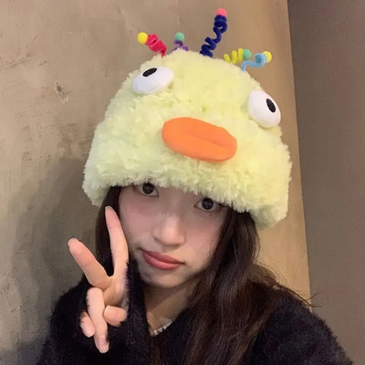 Plīša, smieklīgas, mazas briesmoņu cepures sievietēm, ziema, jauka, silta vilna, multfilma, acis, cepures Sthudent korejiešu trikotāžas mīksta pupiņa, bērns ārā