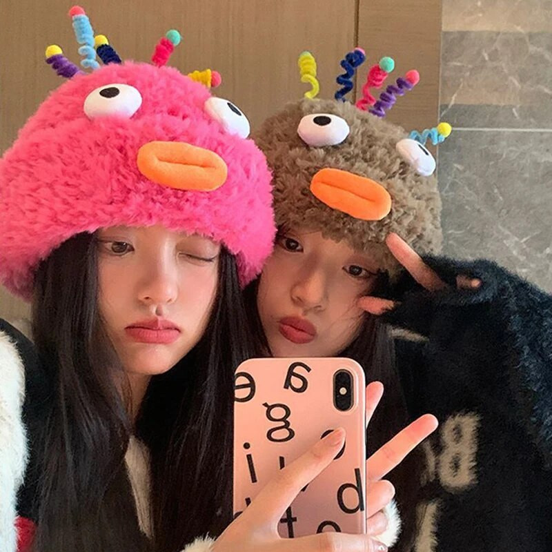 Plīša, smieklīgas, mazas briesmoņu cepures sievietēm, ziema, jauka, silta vilna, multfilma, acis, cepures Sthudent korejiešu trikotāžas mīksta pupiņa, bērns ārā