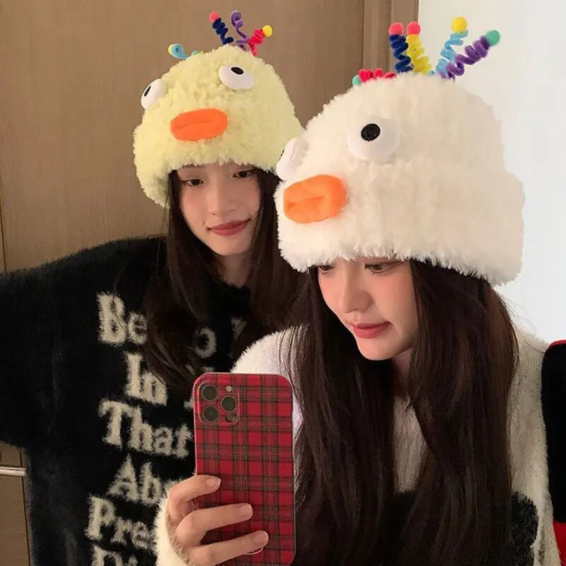 Plīša, smieklīgas, mazas briesmoņu cepures sievietēm, ziema, jauka, silta vilna, multfilma, acis, cepures Sthudent korejiešu trikotāžas mīksta pupiņa, bērns ārā