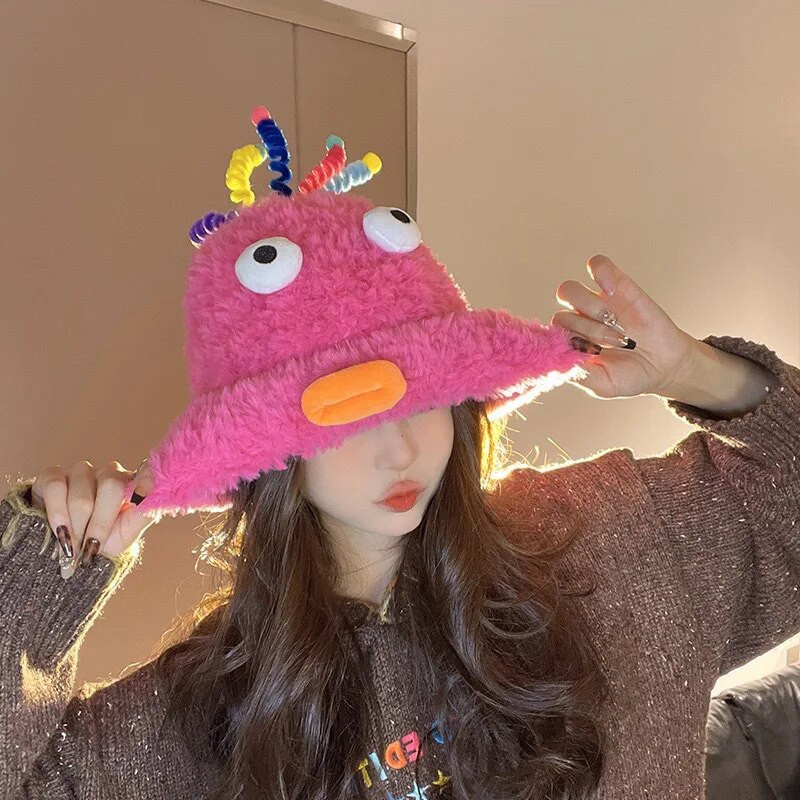 Plīša, smieklīgas, mazas briesmoņu cepures sievietēm, ziema, jauka, silta vilna, multfilma, acis, cepures Sthudent korejiešu trikotāžas mīksta pupiņa, bērns ārā