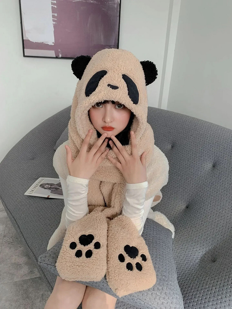 Modes Panda Beanies Cepures ziemas silta cepure Ikdienas plīša cepure Šalle cimdi komplekts Ikdienas mākslīgās kažokādas sieviešu cepures