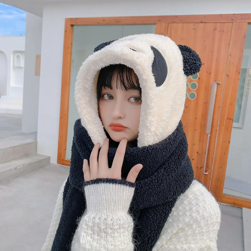 Modes Panda Beanies Cepures ziemas silta cepure Ikdienas plīša cepure Šalle cimdi komplekts Ikdienas mākslīgās kažokādas sieviešu cepures