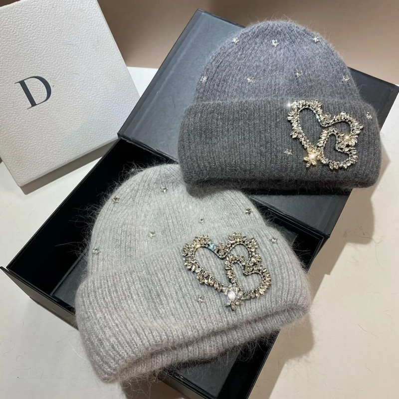 Tikro triušio kailio žieminės pupelės moterims šiltos megztos kepurės Prabangios cirkonio megztos gaubtinės ausų apsaugos vilnos kaukolės Storas kepuraitės