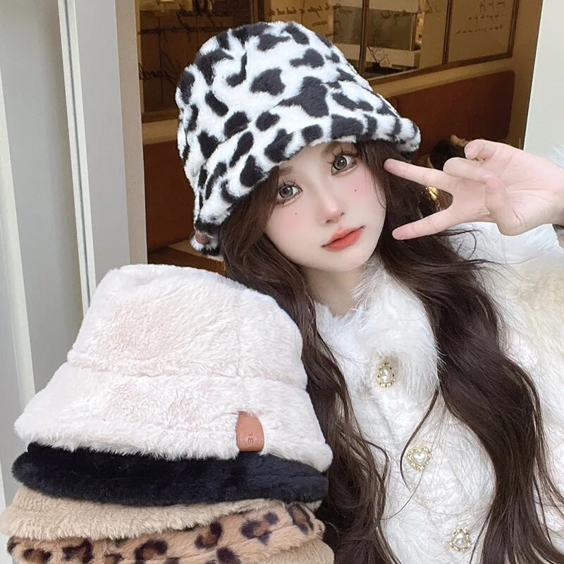 Ziemas kausa cepure Sieviešu āra bieza silta Panamas vāciņš Solid Leopard Mīkstas mākslīgās kažokādas Sieviešu meiteņu zvejnieku kausa cepures