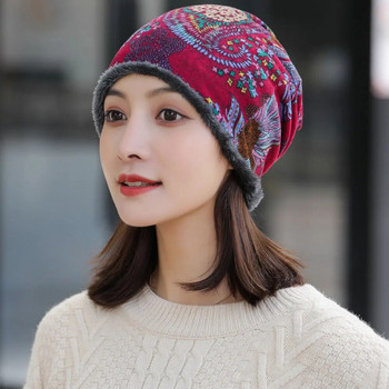 2022 Winter Hat Women Plus βελούδινο καπέλο Beanie Print Ζεστό κόκκινο μόδα Καπέλα Gorro Μαλακό καπό