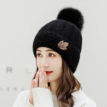 Big Pompom Knitted Beanie για Γυναικείες Χειμερινές Μονόχρωμες Πυκνές Ζεστό μάλλινο πλεκτό πουλόβερ Καπέλο Γυναικείο καπέλο για σκι Snow Bonnet