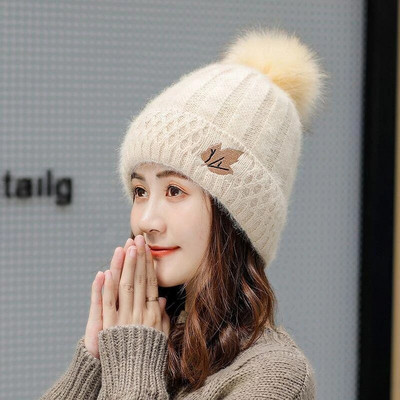 Big Pompom Knitted Beanie για Γυναικείες Χειμερινές Μονόχρωμες Πυκνές Ζεστό μάλλινο πλεκτό πουλόβερ Καπέλο Γυναικείο καπέλο για σκι Snow Bonnet
