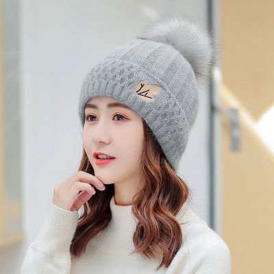 Big Pompom Knitted Beanie για Γυναικείες Χειμερινές Μονόχρωμες Πυκνές Ζεστό μάλλινο πλεκτό πουλόβερ Καπέλο Γυναικείο καπέλο για σκι Snow Bonnet