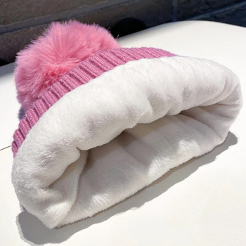 Γυναικεία πλεκτά γούνινα καπέλα με μπαλάκια χειμωνιάτικα ζεστά βελούδινα θερμικά παχύρρευστα Καπέλα φασολιών για εξωτερικούς χώρους αντιανεμικά Skullies Καπάκι καπό
