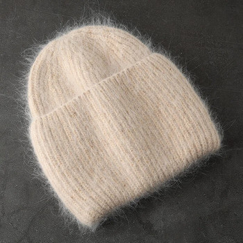 2022 Γούνα κουνελιού ζεστό πλεκτό Beanie Γυναικεία καπέλα χειμερινά παγιέτες με χοντρές πλεκτές κρανιές φασόλια για γυναίκα Gorros Γυναικείο καπέλο