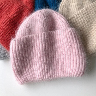 2022 Γούνα κουνελιού ζεστό πλεκτό Beanie Γυναικεία καπέλα χειμερινά παγιέτες με χοντρές πλεκτές κρανιές φασόλια για γυναίκα Gorros Γυναικείο καπέλο