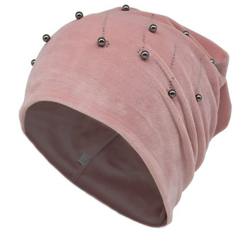 Γυναικεία Pearls Beanie Winter Velvet Soft Warm Slouchy Beanies Fashion Double layer Skullies Beanies Γυναικείο καπέλο με απλικέ