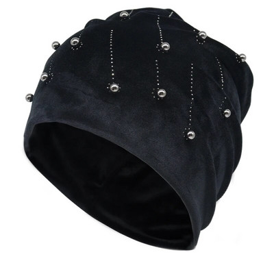 Sieviešu Pērles Beanie Ziemas Samts Mīksts Silts Slouchy Beanies Mode Divslāņu Skullies Beanies Sieviešu cepure ar aplikāciju