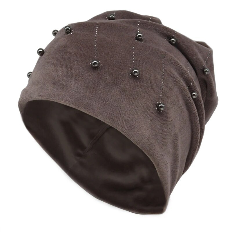 Sieviešu Pērles Beanie Ziemas Samts Mīksts Silts Slouchy Beanies Mode Divslāņu Skullies Beanies Sieviešu cepure ar aplikāciju