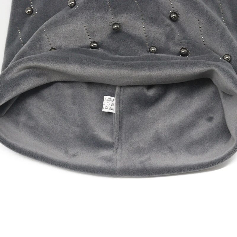 Sieviešu Pērles Beanie Ziemas Samts Mīksts Silts Slouchy Beanies Mode Divslāņu Skullies Beanies Sieviešu cepure ar aplikāciju