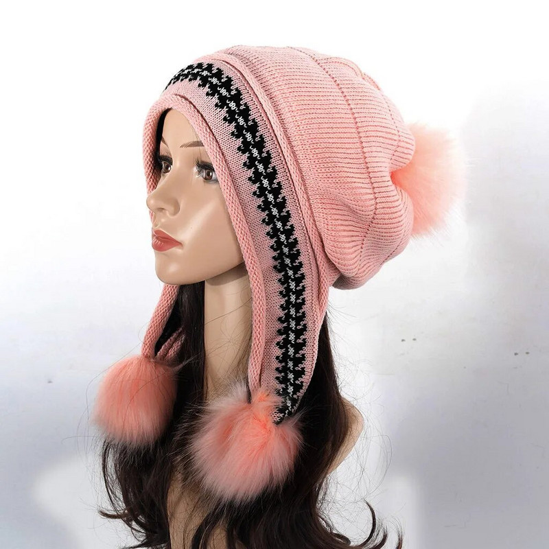 Jaunas ziemas trikotāžas cepures Sieviešu savārstījums Pompons Bumbiņas Austiņas Cepures Sieviešu Āra Slēpes Siltas Biezas Ziemas Beanie Cepure