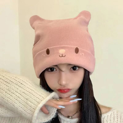 RICYGVM Cute Women Beanies Karikatūra Lācis Auss Meitene Skullies Cepurīte Rudens Ziemas Silta Vilnas Trikotāžas Cepure Vienkrāsaina Tamborēta Pārsegs
