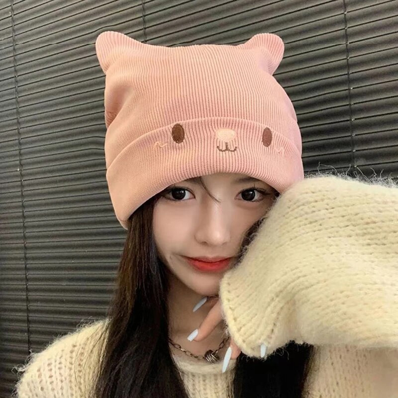 RICYGVM Cute Women Beanies Karikatūra Lācis Auss Meitene Skullies Cepurīte Rudens Ziemas Silta Vilnas Trikotāžas Cepure Vienkrāsaina Tamborēta Pārsegs