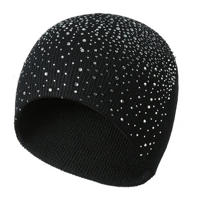 Пролет, есен, зимни шапки за жени, плетена шапка с шапка за момичета, вълнена маркова шапка с блестящи кристали, женски ежедневни шапки