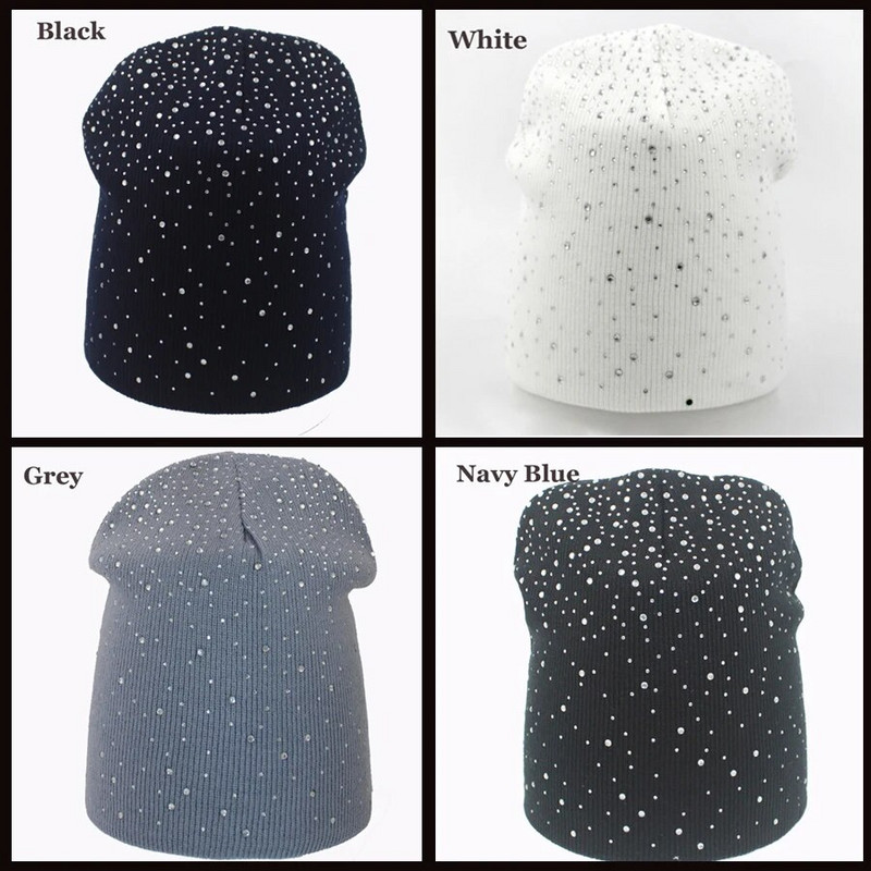 Пролет, есен, зимни шапки за жени, плетена шапка с шапка за момичета, вълнена маркова шапка с блестящи кристали, женски ежедневни шапки