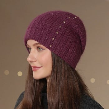 Μόδα διακόσμηση καπέλο Beanie Μίγμα από γούνα κουνελιού Ζεστό σκουφάκι σκι για μαμά Νέο γυναικείο καπέλο χειμώνα για γυναικείο πλεκτό καπέλο μόδας Streetwear