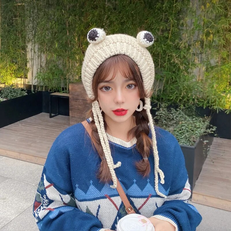 2020. gada sieviešu cepures ziemas ar pomponu Jauka vardes cepure Tamborēta liela Trikotāžas meitenēm Kostīms Beanie Ziemassvētku modes Cepures Cepures