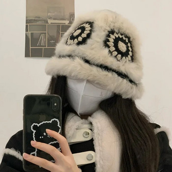 China-Chic κουβά καπέλα για γυναίκες Χειμερινά ζεστά χαριτωμένα βελούδινα καπέλα Μεγάλο κεφάλι μέση Casual γούνα κουνελιού 2023 Πλεκτά καπέλα ψαρά