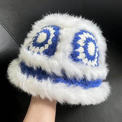 Kineski šik šeširi za žene, zimske, tople, slatke plišane kape, velika glava, struk, ležerno zečje krzno, 2023. Pletene ribarske kape