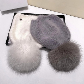 Νέα χειμωνιάτικα πλεκτά φασόλια με αληθινή γούνα κουνελιού για γυναίκες Μόδα Μασίφ Ζεστό καπέλο από γούνα από γούνα αληθινής αλεπούς Beanies Γυναικεία ζεστά χοντρά καπέλα