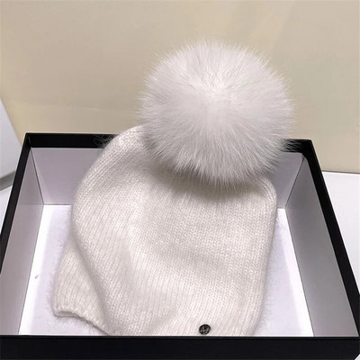 Uued talvised ehtsad küülikukarusnahast kootud nokamütsid naistele Mood Solid Soe päris rebase karusnahast pompommüts Beanid Naiste soojad paksud mütsid