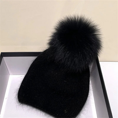 Uued talvised ehtsad küülikukarusnahast kootud nokamütsid naistele Mood Solid Soe päris rebase karusnahast pompommüts Beanid Naiste soojad paksud mütsid