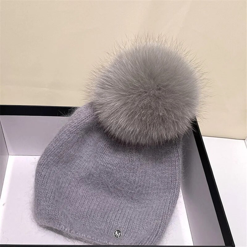 Uued talvised ehtsad küülikukarusnahast kootud nokamütsid naistele Mood Solid Soe päris rebase karusnahast pompommüts Beanid Naiste soojad paksud mütsid