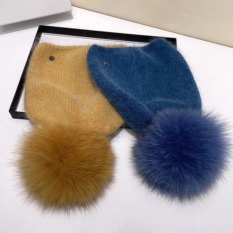 Uued talvised ehtsad küülikukarusnahast kootud nokamütsid naistele Mood Solid Soe päris rebase karusnahast pompommüts Beanid Naiste soojad paksud mütsid