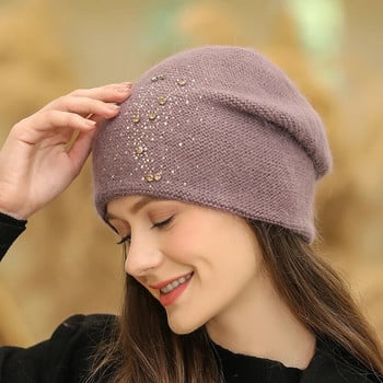 2022 Νέο χειμερινό καπέλο για γυναίκες Μόδα στρας Beanie καπέλο γούνα κουνελιού Ζεστό χειμερινό καπέλο Γυναικείο πλεκτό καπέλο αντιανεμικό