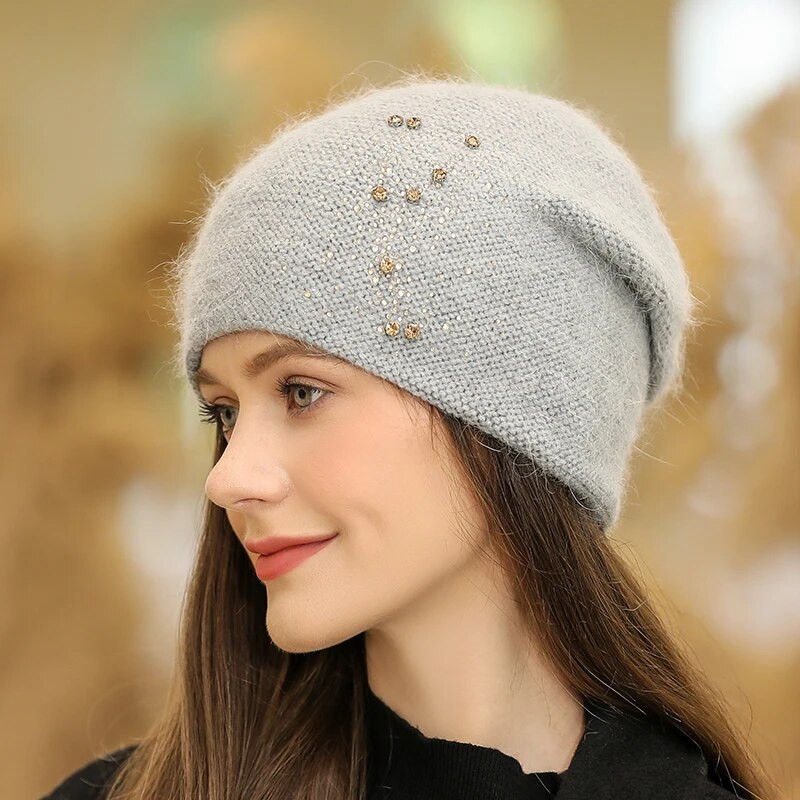 2022. aasta uus naiste talvemüts Mood Rhinestones Beanie Müts Küüliku karusnaha segu soe talvemüts Naiste tuulekindel kootud müts