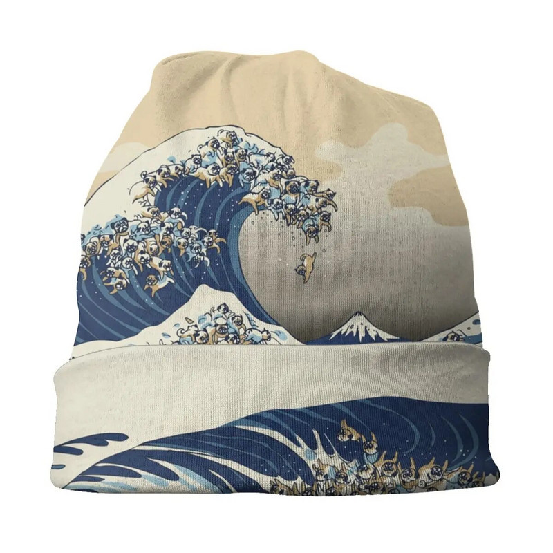 The Great Wave Off Kanagawa Pugs Beanies Caps For Men Women Hip Hop Winter Warm Pleitting Hat Adult Katsushika Hokusai Bonnet Hat