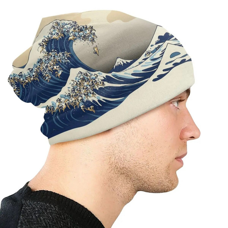 The Great Wave Off Kanagawa Pugs Beanies Caps For Men Women Hip Hop Winter Warm Pleitting Hat Adult Katsushika Hokusai Bonnet Hat