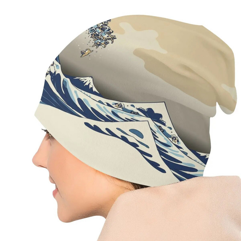 The Great Wave Off Kanagawa Pugs Beanies Caps For Men Women Hip Hop Winter Warm Pleitting Hat Adult Katsushika Hokusai Bonnet Hat