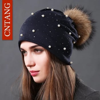 CNTANG 2022 Γυναικείο καπέλο μόδας Φθινοπωρινό χειμωνιάτικα στρας Καπέλα με μαργαριτάρια Θηλυκά φασόλια Φυσικά βαμβακερά βαμβακερά γούνα από γούνα ρακούν.