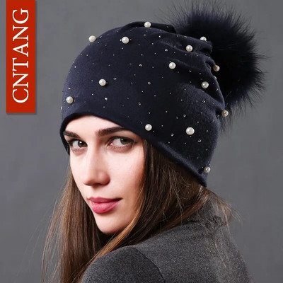 CNTANG 2022 Sieviešu modes cepure Rudens Ziemas Rhinestones Pērļu cepures Sieviešu pupiņas Dabīgas jenots kažokādas Pompons Kokvilnas silti cepures