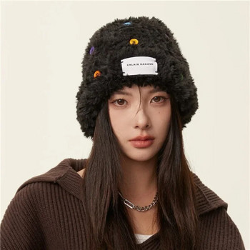 Χειμερινό βελούδινο καπέλο κορίτσι Χαριτωμένο πολύχρωμο διακοσμητικό καπάκι με κουμπιά Γυναικεία Κορεάτικη μόδα Παχύ ζεστά, ανθεκτικά στο κρύο καπέλα Skullies Beanies