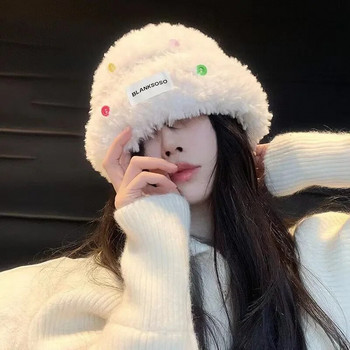 Χειμερινό βελούδινο καπέλο κορίτσι Χαριτωμένο πολύχρωμο διακοσμητικό καπάκι με κουμπιά Γυναικεία Κορεάτικη μόδα Παχύ ζεστά, ανθεκτικά στο κρύο καπέλα Skullies Beanies