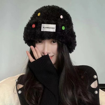 Πολύχρωμα κουμπιά βελούδινα φασόλια για γυναίκες Αφράτες γούνινες ωτοασπίδες Καπέλο χειμωνιάτικο καπέλο προστασίας αυτιών Κορεάτικο καπό σκι για κορίτσια Ζεστό κάλυμμα κεφαλής