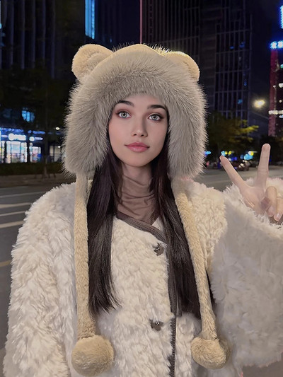 Ziemas jauka, lāča ausu silta cepure sieviešu plīša beanie cepure meitenēm vēja necaurlaidīga vāciņš