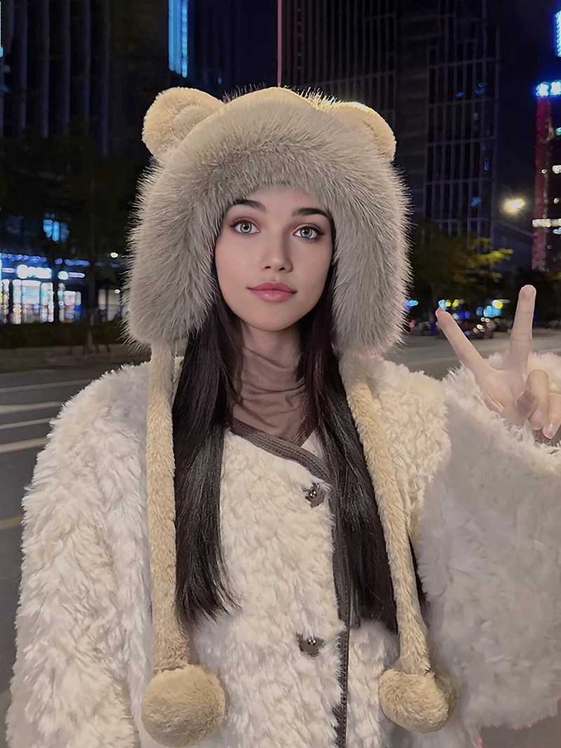 Ziemas jauka, lāča ausu silta cepure sieviešu plīša beanie cepure meitenēm vēja necaurlaidīga vāciņš