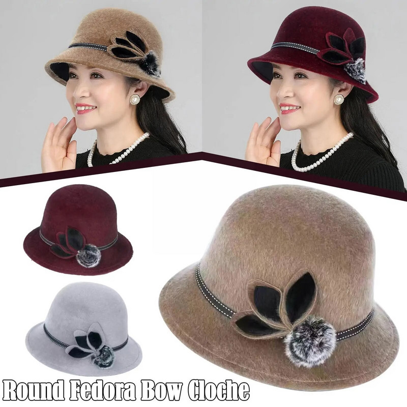 2022. gada rudens ziemas kārta Fedoras sieviešu cepure Eleganta kupola dāmu vintage bouleri Džeza filca bumbu cepure JAUNA kāzu vilnas baznīca O9M1