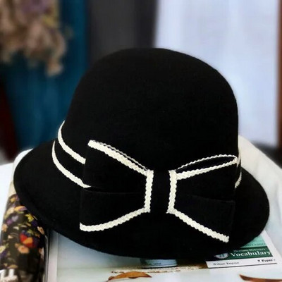 Sieviešu imitācijas vilnas filca kausa cepure ar malām sieviešu loka makšķerēšanas cepures disketes, siltākas, cietas