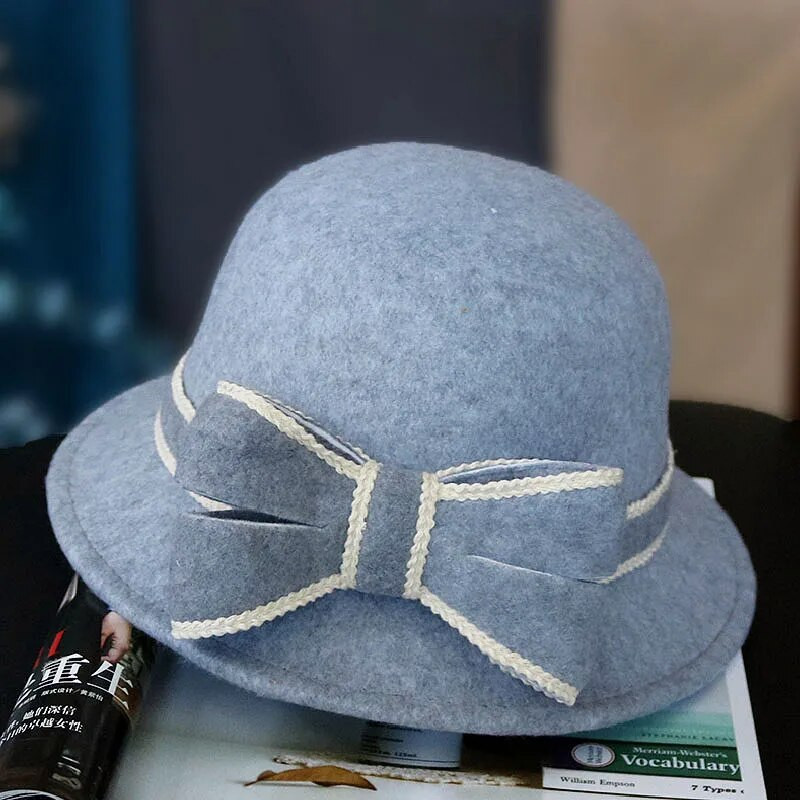 Sieviešu imitācijas vilnas filca kausa cepure ar malām sieviešu loka makšķerēšanas cepures disketes, siltākas, cietas