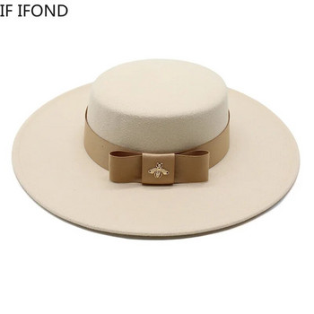 2022 Φθινόπωρο Χειμώνας Γυναικεία Γυναικεία Λευκή Μπόουνο Επίπεδη Μπλούζα Fedora Καπέλο 10 εκατοστών με γείσο Κομψό καπέλο από τσόχα Καπέλο νυφικού